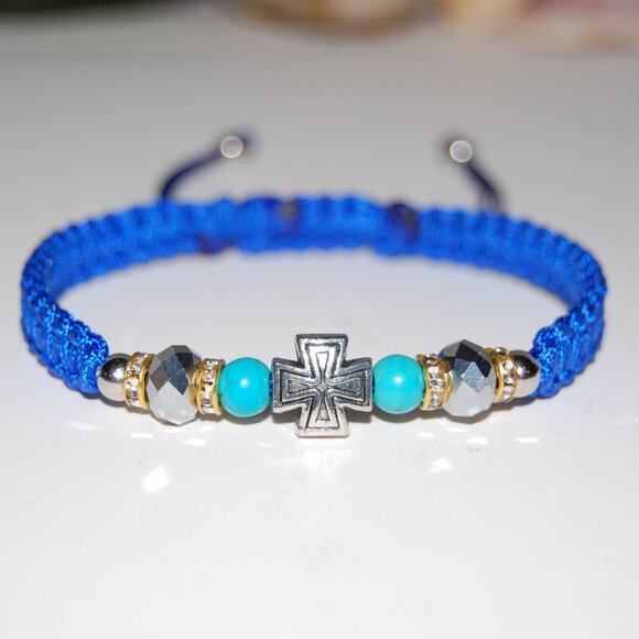 Cross Bracelet,6mm Stone and Glass Beads,Friendship Bracelet,Good Wishes Gift - Picture 2 of 3